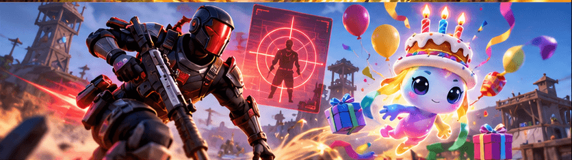 An armored bounty hunter with a target card beside a cake-topped birthday sprite surrounded by balloons and presents