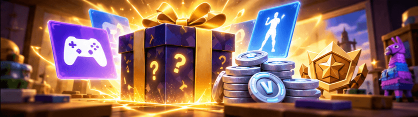 A mystery gift box beside a game controller card, a stack of coins and a gold star badge
