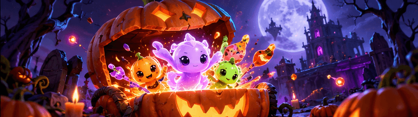Three small sprites bursting out of a giant carved pumpkin chest beside a moonlit haunted castle