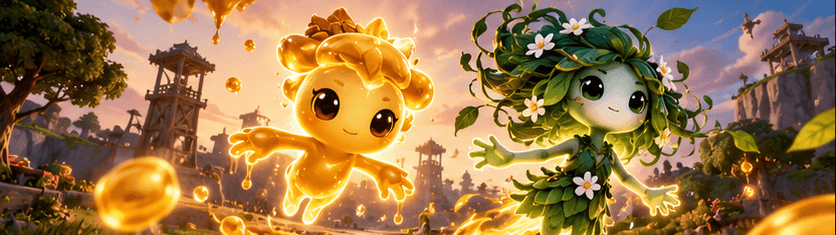 A glowing honey sprite and a leafy, flower-crowned sprite flying over a sunset island