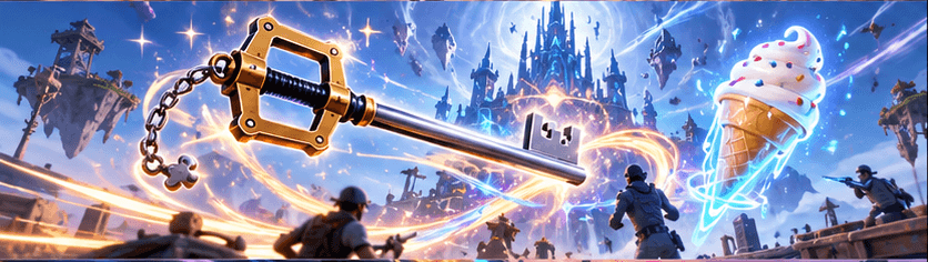 A giant golden key and an ice cream cone glowing above an island battle with a castle behind