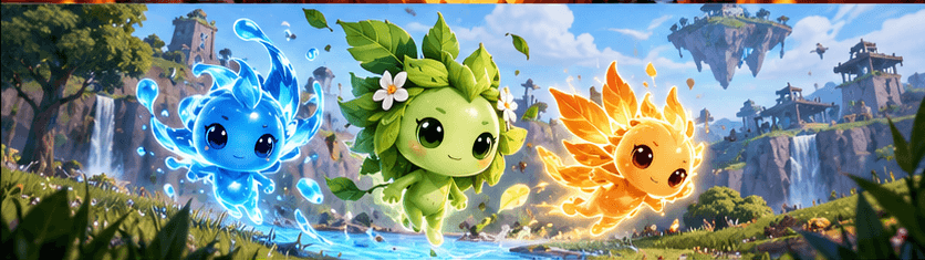Water, leaf and fire sprites flying together over a green island with waterfalls