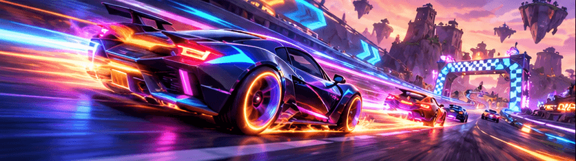 A neon sports car racing along a glowing track toward a checkered finish arch