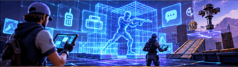 Creators with tablets beside a holographic building grid showing communication and device icons